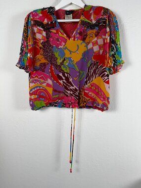 VINTAGE Diane Freis Petites Womens Multicolor Abstract Georgette Beaded Blouse